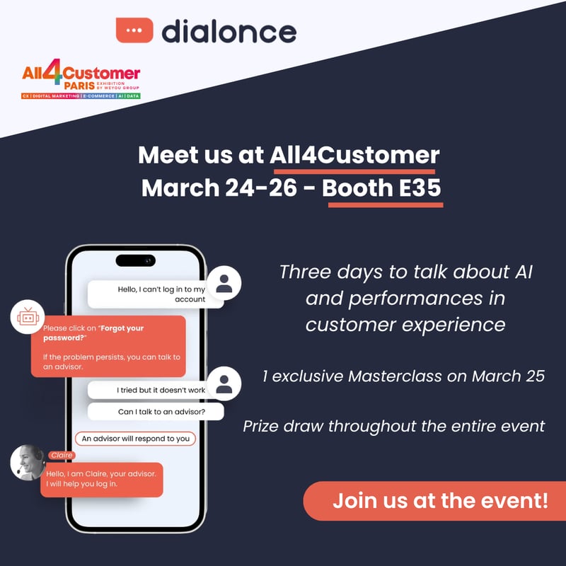 At the DialOnce booth during All4Customer 2026, AI agent demos and discussions highlighted real customer experience use cases