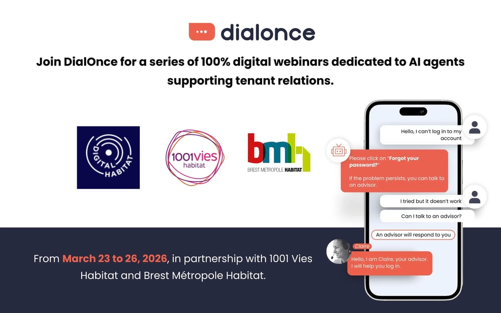 DialOnce presentation at Digital Habitat 2026 about using AI agents to streamline tenant journeys and manage increasing multi-channel requests