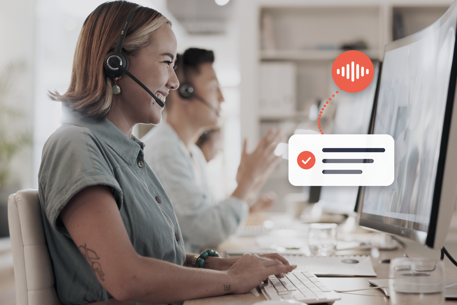 Call center advisor with headset: the voicebot handles the call and passes her a pre-qualified request